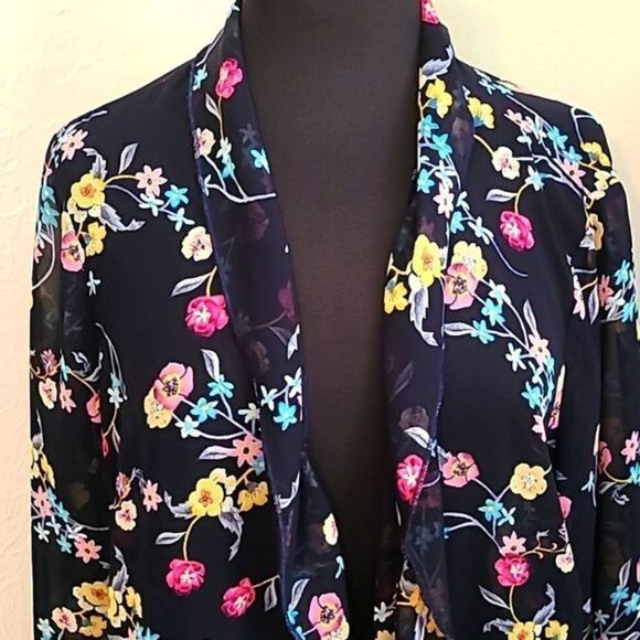 Bedford Fair Sheer Coverup Jacket, Navy w/Colorful Flowers & Ruffles, Size 2X - Picture 2 of 7